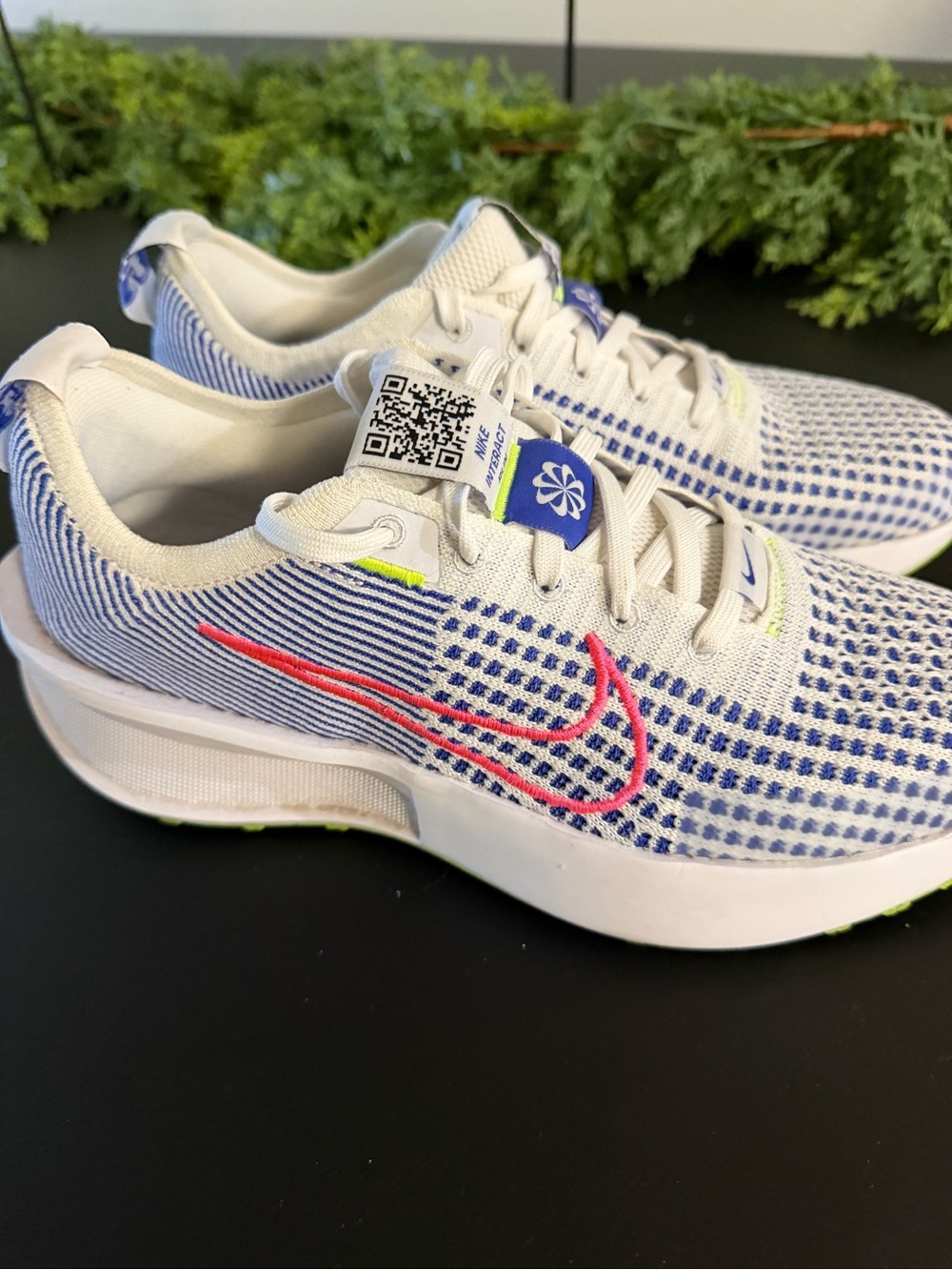 Nike Kids White & Blue Flyknit Sneakers with Pink Swoosh